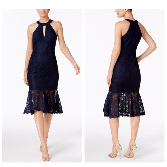 Xscape Dresses & Skirts - Xscape Navy Blue Lace Keyhole Tulle Dress $199